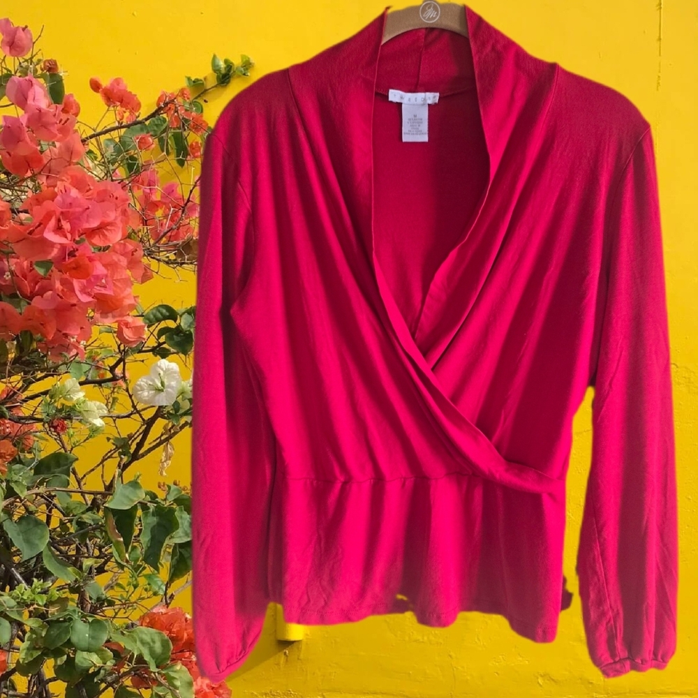 Figure Flattering Tweeds Clear Red Peplum Soft Drape Wrap Front Blouse Size M